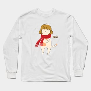 aesthetic confused silly cute girl cat with red scarf illustration Long Sleeve T-Shirt